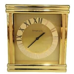 Vintage Tiffany & CO Large Rectangle Brass Desk Clock Quartz Roman Numerals